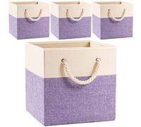 Prandom Foldable Cube Storage Bins 28x28x28cm [4-Pack] Fabric Linen Storage Baskets Cubes Drawer with Cotton Handles Organizer for Shelves Closet Bedroom Purple