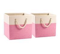 Prandom Large Foldable Cube Storage Bins 33x33x33cm [2-Pack] Fabric Linen Storage Baskets Cubes Drawer with Cotton Handles Organizer for Shelves Closet Bedroom Pink