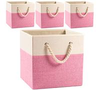 Prandom Large Foldable Cube Storage Bins 33x33x33cm [4-Pack] Fabric Linen Storage Baskets Cubes Drawer with Cotton Handles Organizer for Shelves Nursery Closet Bedroom Pink