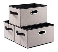 Prandom Storage Box Set of 3,Collapsible Storage Baskets,Linen Fabric Storage Bins,Decorative Cubes with Leather/Metal Handles,Light Grey(38x25x21) cm