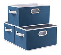 Prandom Storage Box Set of 3,Collapsible Storage Baskets,Linen Fabric Storage Bins,Decorative Cubes with Leather/Metal Handles,Royal Blue(29x22x17) cm