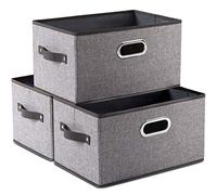 Prandom Storage Box Set of 3,Collapsible Storage Baskets,Linen Fabric Storage Bins,Decorative Cubes with Leather/Metal Handles,Grey(38x25x21) cm