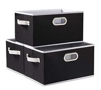 Prandom Storage Box Set of 3,Collapsible Storage Baskets,Linen Fabric Storage Bins,Decorative Cubes with Leather/Metal Handles,Black(29x22x17) cm