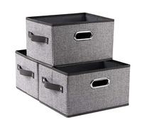Prandom Storage Box Set of 3,Collapsible Storage Baskets,Linen Fabric Storage Bins,Decorative Cubes with Leather/Metal Handles,Grey(29x22x17) cm