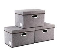 Prandom Storage Boxes with Lids,Collapsible Linen Fabric Storage Box,Decorative Bins,Really Useful Box,Clothing Storage,Stackable,38x25x25cm,Grey[3-Pack]