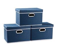 Prandom Storage Boxes with Lids,Collapsible Linen Fabric Storage Box,Decorative Bins,Really Useful Box,Clothing Storage,Stackable,38x25x25cm,Royal Blue[3-Pack]