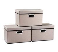 Prandom Storage Boxes with Lids,Collapsible Linen Fabric Storage Box,Decorative Bins,Really Useful Box,Clothing Storage,Stackable,38x25x25cm,Light Grey[3-Pack]