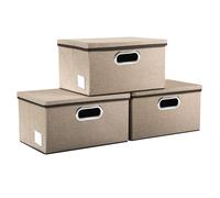 Prandom Storage Boxes with Lids,Collapsible Linen Fabric Storage Box,Decorative Bins,Really Useful Box,Clothing Storage,Stackable,29x22x17cm,Khaki[3-Pack]