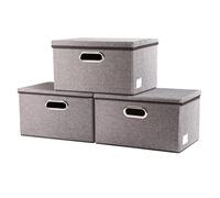Prandom Storage Boxes with Lids,Collapsible Linen Fabric Storage Box,Decorative Bins,Really Useful Box,Clothing Storage,Stackable,29x22x17cm,Grey[3-Pack]