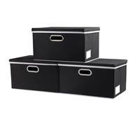 Prandom Storage Boxes with Lids,Collapsible Linen Fabric Storage Box,Decorative Bins,Really Useful Box,Clothing Storage,Stackable,29x22x17cm,Black[3-Pack]