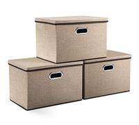 Prandom Storage Boxes with Lids Large,Collapsible Linen Fabric Storage Box,Decorative Bins,Really Useful Box,Clothing Storage,Stackable,45x30x30cm,Khaki[3-Pack]