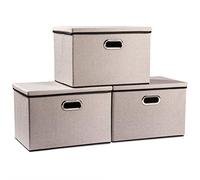Prandom Storage Boxes with Lids Large,Collapsible Linen Fabric Storage Box,Decorative Bins,Really Useful Box,Clothing Storage,Stackable,45x30x30cm,Light Grey[3-Pack]