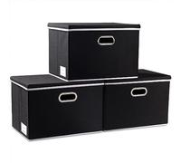 Prandom Storage Boxes with Lids Large,Collapsible Linen Fabric Storage Box,Decorative Bins,Really Useful Box,Clothing Storage,Stackable,45x30x30cm,Black[3-Pack]
