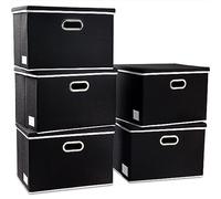 Prandom Storage Boxes with Lids Large,Collapsible Linen Fabric Storage Box,Decorative Bins,Really Useful Box,Clothing Storage,Stackable,45x30x30cm,Black[5-Pack]