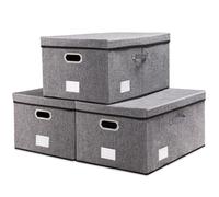 Prandom Storage Boxes with Lids Large,Collapsible Linen Fabric Storage Box,Decorative Bins,Really Useful Box,Clothing Storage,Stackable,58x40x30cm,Grey[3-Pack]