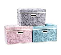 Prandom Storage Boxes with Lids Large.Rose Pattern Fabric Decorative Storage Box, Really Useful Box,Clothing Storage,Cubes Organizers,Collapsible,Stackable,45x30x30cm,Multicolor[3-Pack]