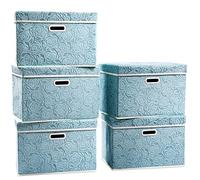 Prandom Storage Boxes with Lids Large.Rose Pattern Fabric Decorative Storage Box, Really Useful Box,Clothing Storage,Cubes Organizers,Collapsible,Stackable,43x30x30cm, Blue[5-Pack]