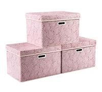 Prandom Storage Boxes with Lids Large.Rose Pattern Fabric Decorative Storage Box, Really Useful Box,Clothing Storage,Cubes Organizers,Collapsible,Stackable,45x30x30cm, Pink[3-Pack]