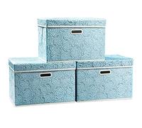 Prandom Storage Boxes with Lids Large.Rose Pattern Fabric Decorative Storage Box, Really Useful Box,Clothing Storage,Cubes Organizers,Collapsible,Stackable,43x30x30cm, Blue[3-Pack]