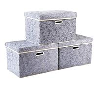 Prandom Storage Boxes with Lids Large.Rose Pattern Fabric Decorative Storage Box, Really Useful Box,Clothing Storage,Cubes Organizers,Collapsible,Stackable,45x30x30cm, Gray[3-Pack]