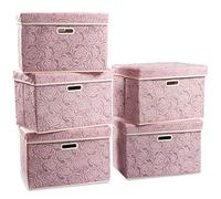 Prandom Storage Boxes with Lids Large.Rose Pattern Fabric Decorative Storage Box, Really Useful Box,Clothing Storage,Cubes Organizers,Collapsible,Stackable,45x30x30cm, Pink[5-Pack]
