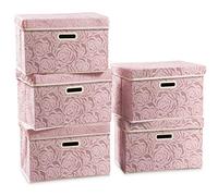 Prandom Storage Boxes with Lids.Rose Pattern Fabric Decorative Storage Box, Really Useful Box,Clothing Storage,Cubes Organizers,Collapsible,Stackable,38x25x25cm, Pink[5-Pack]