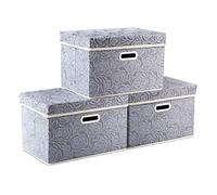 Prandom Storage Boxes with Lids.Rose Pattern Fabric Decorative Storage Box, Really Useful Box,Clothing Storage,Cubes Organizers,Collapsible,Stackable,38x25x25cm, Gray[3-Pack]