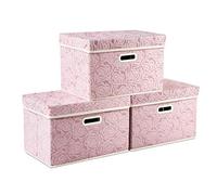 Prandom Storage Boxes with Lids.Rose Pattern Fabric Decorative Storage Box, Really Useful Box,Clothing Storage,Cubes Organizers,Collapsible,Stackable,38x25x25cm, Pink[3-Pack]