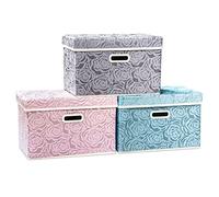 Prandom Storage Boxes with Lids.Rose Pattern Fabric Decorative Storage Box, Really Useful Box,Clothing Storage,Cubes Organizers,Collapsible,Stackable,38x25x25cm,Multicolor[3-Pack]