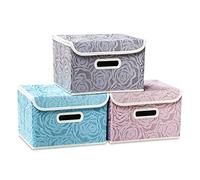 Prandom Storage Boxes with Lids.Rose Pattern Fabric Decorative Storage Box, Really Useful Box,Clothing Storage,Cubes Organizers,Collapsible,Stackable,25x20x217cm,Multicolor[3-Pack]