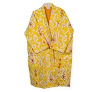 Pranipat Handicrafts Cotton Ethnic Ikat Print Hippie Lightweight Open Front Mid Length Outwear Kantha Jacket, Yellow, One size
