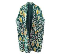 Pranipat Handicrafts Cotton Ethnic Ikat Print Hippie Lightweight Open Front Mid Length Outwear Kantha Jacket, Green, One size