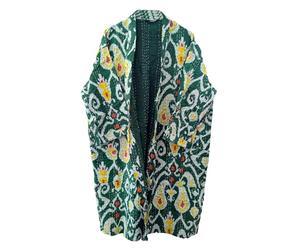 Pranipat Handicrafts Cotton Ethnic Ikat Print Hippie Lightweight Open Front Mid Length Outwear Kantha Jacket, Green, One size