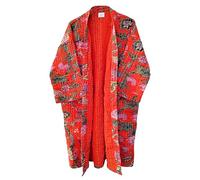 Pranipat Handicrafts Cotton Ethnic Lightweight Mid Length Christmas Wear Floral Print Open Front Kantha Jacket, Free Size, Orange, One Size, Orange, One Size