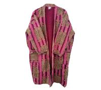 Pranipat Handicrafts Cotton Hippie Lightweight Tiger Print Cotton Ethnic Open Front Mid Length Women Christmas Kantha Jacket, Dark Pink, One size