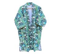 Pranipat Handicrafts Indian Cotton Women Kantha Jacket Banana Leaf Print Handmade Comfortable Green Kantha Kimono Jacket Front Open Wear Mid-Length Lightweight Cotton Kimono Jacket