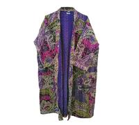 Pranipat Handicrafts Kantha Kimono, Abstract Print Cotton Jacket, Purple, Handmade Lightweight Midi Length