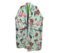 Pranipat Handicrafts Kantha Kimono, Floral Print Cotton Jacket, Mint Green Jacket, Handmade Lightweight Midi Length
