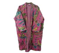 Pranipat Handicrafts Lightweight Open Front Peacock Print Mid Length Women Free Size Ethnic Cotton Outwear Kantha Jacket, Baby Pink, One size