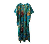 Pranipat Handicrafts Women Floral Loungewear Soft 100% Cotton Plus Size Farida Kahalo Beach Cover up V Neck Caftan Dress (Turquoise, One Size)