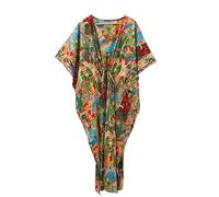 Pranipat Handicrafts Women Floral Loungewear Soft 100% Cotton Plus Size Farida Kahalo Beach Cover up V Neck Caftan Dress (Peach, One Size)