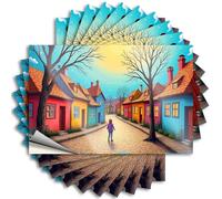 Prank Stickers A Child Walks Down A Colorful Street Lined with Vibrant Houses. Stickers 10Pcs Men Cave Decor Funny Bumper Stickers(6X9CM)