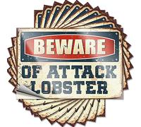 Prank Stickers Beware of Attack Lobster Funny Sticker 10 Pcs Man Cave Wall Decor Warning Signs for Bedroom(6X9CM)