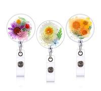 Prasacco 3 Pcs Retractable Badge Reel Clip, Dried Flower Round Badges Holder Round Nurse Badges Reels Retractable Clip Cute ID Name Card Holders Name Decorative for Nurse Doctor Worker