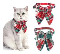 Prasacco Christmas Cat Collars - 2 Pcs Red Green Plaid Kitten Collar With Bowtie and Bell, Removable Bowtie (Red+Green 2)