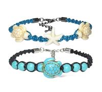 PRASATT 2pcs/Set Starfish Turtle Anklets Bracelet Summer Starfish Turtle Woven Bracelet Flower Sea Beads AnkletWax Rope Turquoise Beaded Anklet Bracelet Unisex Adjustable, Mediam, Cotton Wax Rope, no