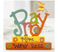Pray More Worry Less Butterfly Desk Sign - Colourful Christian Decor with Inspirational Quote for Women, Office or Home