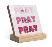 Pray on It Pray over It Pray Through It Prayer Wood Plaque with Wooden Stand,Pink Prayer Christian Wooden Plaque Sign Desk Decor for Home Bedroom Living Room Table Shelf Decoration