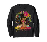 Pray Wait Trust God Plan Jesus Christian Black Woman Afro Long Sleeve T-Shirt
