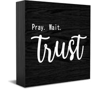 Pray Wait Trust Home Office Decor Wooden Box Sign, Decorative Positive Office Desk Accessories Wood Plaque Wood Table Sign For Tv Cabinet Shelf 5 X 5 Inch